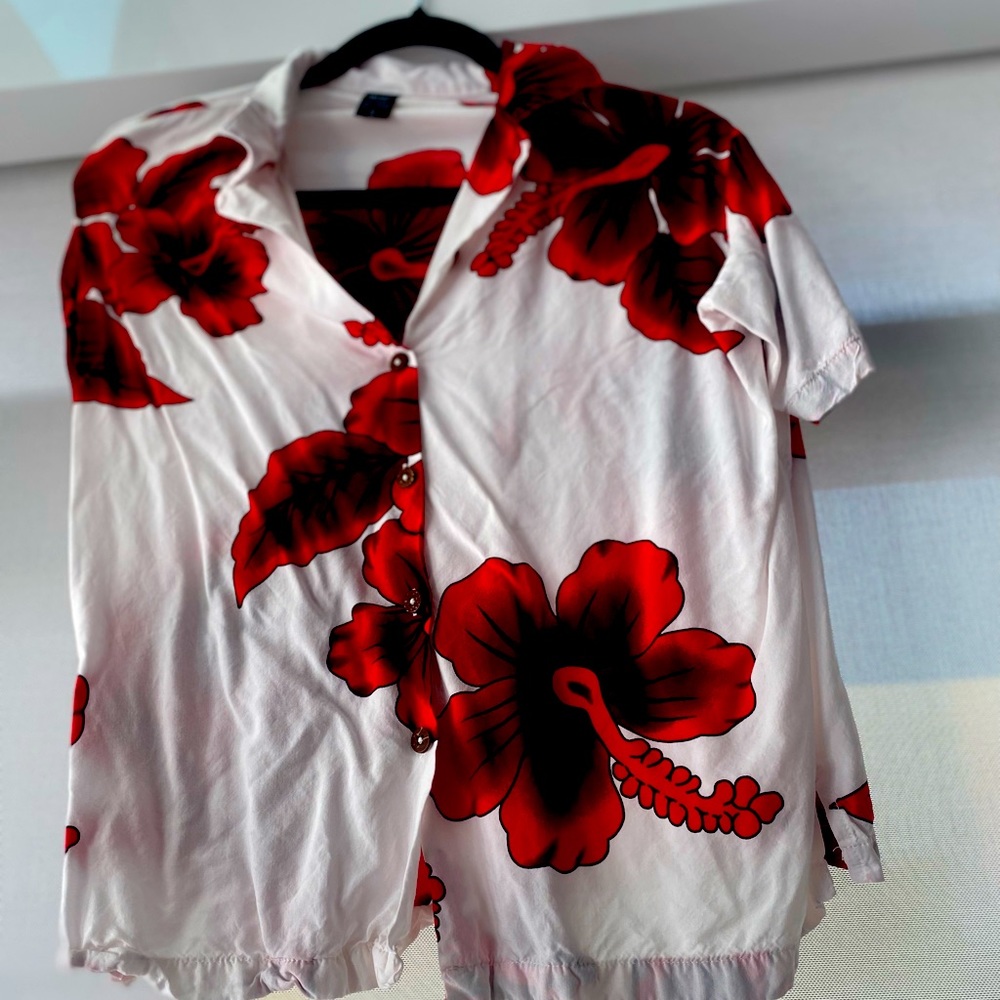 Red and white hibiscus Hawaiian shirt